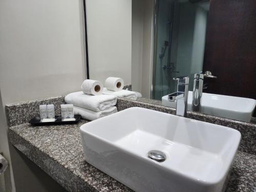 NaguanaguaHotel GH Guaparo INN的浴室的柜台设有水槽和镜子