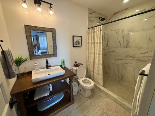 伯利兹城Stylish Apartments near Best Western Hotel的一间带水槽、淋浴和卫生间的浴室