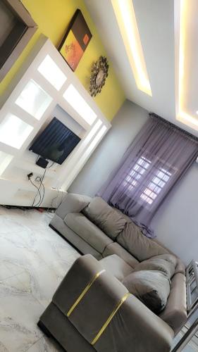 阿布贾Fortune Solar Hotel的带沙发和窗户的客厅