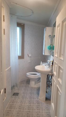 首尔Cosy 2 room flat nearby river的白色的浴室设有卫生间和水槽。