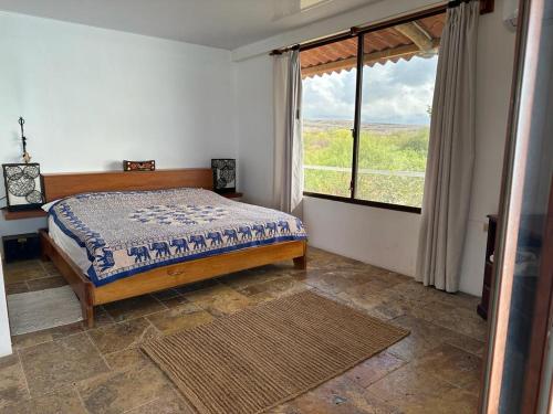 Puerto Velasco IbarraVILLA FLOREANA的一间卧室设有一张床和一个大窗户