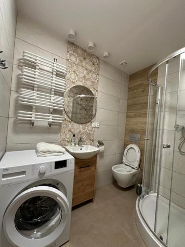 文戈热沃Apartament Zamkowa 14的一间带洗衣机和卫生间的浴室