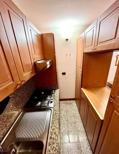 摩德纳迪-坎皮格里奥Orsa Maggiore的厨房配有木制橱柜和炉灶烤箱。