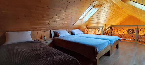 陶拉格Pakeliui/On the way的小木屋内一间卧室,配有两张床
