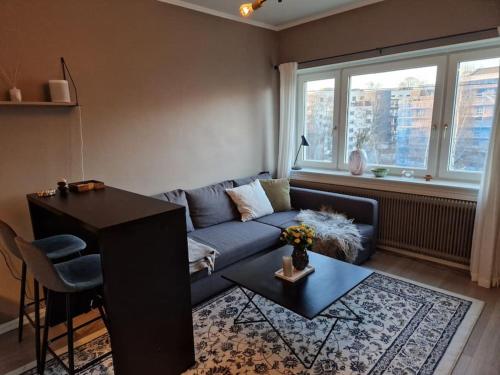 奥斯陆Private Apartment in Oslo的客厅配有蓝色的沙发和桌子