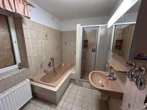 汉诺威Othman Appartements Alte Schmiede 2 OG L的带浴缸、水槽和淋浴的浴室