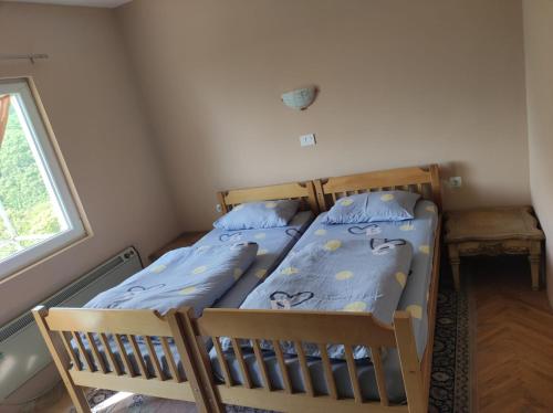 斯科普里Vila Fantastico的一间卧室配有双层床和窗户。