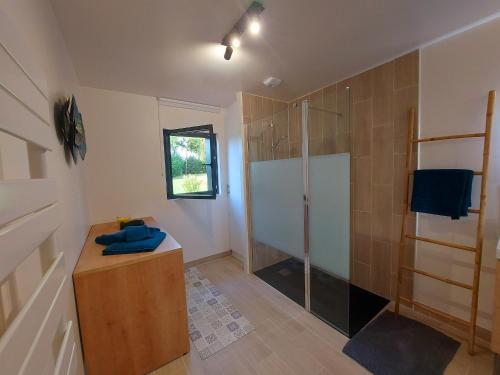 AlexainGîte Alexain, 3 pièces, 4 personnes - FR-1-600-199的带淋浴、木台面和蓝色毛巾的浴室