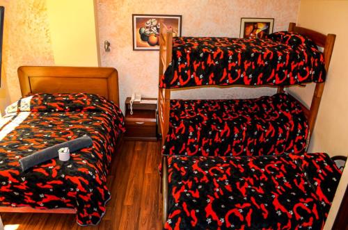 拉巴斯Hotel Lizarraga的一间卧室配有两张双层床和一张床