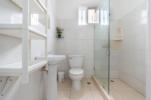 圣多明各Casa cerca SDQ & Bus Caribe tours的浴室配有卫生间、盥洗盆和淋浴。