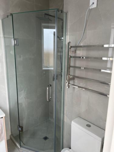 奥克兰Private Ensuite for singles or couples的一间带卫生间的浴室内的玻璃淋浴间