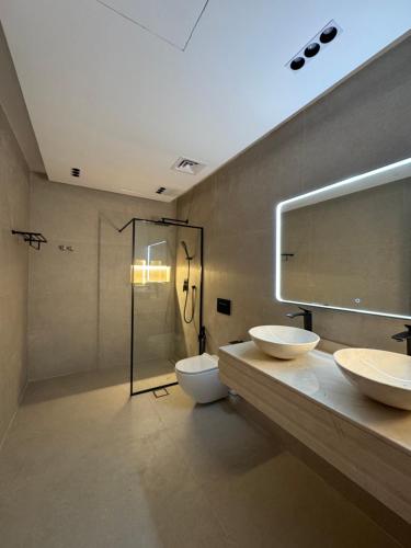 拉斯阿尔卡麦Alreef farm的浴室设有2个水槽、卫生间和镜子。