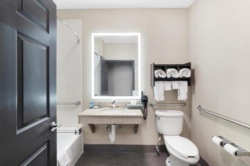 休斯顿休斯敦霍比机场拉金塔旅馆及套房的一间带卫生间、水槽和镜子的浴室