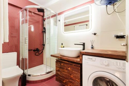 卡拉马塔Kalamata Lime Studio - Urban Cozy Nest的一间带水槽和洗衣机的浴室