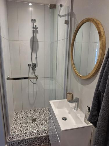 开普敦4 Periwinkle Place的带淋浴、盥洗盆和镜子的浴室
