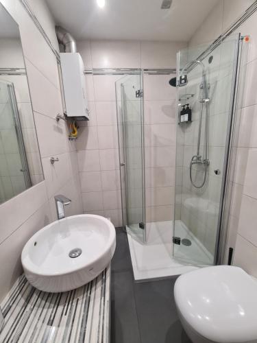 米尔泽希塞Katowice Airport Host的白色的浴室设有水槽和淋浴。