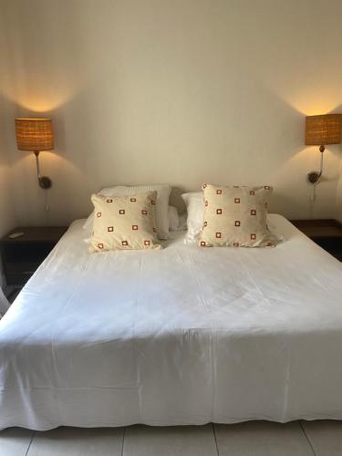 拉戈莱特Le Colonial Cocoon Apartement 2的一张带两个枕头和两盏灯的白色床