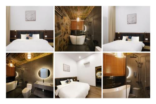 高平Bản Nhỏ - Little Village的一张酒店房间四张照片的拼贴图