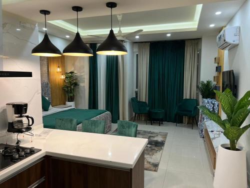 伊斯兰堡Executive Studio Apartment Opposite Centaurus Mall Islamabad的厨房以及带沙发和桌子的客厅。
