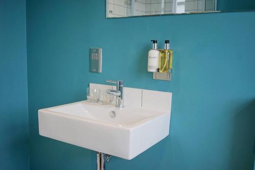 布里斯托The Alma Taverns Boutique Suites - Room 5 - Hopewell的浴室设有白色水槽和蓝色的墙壁