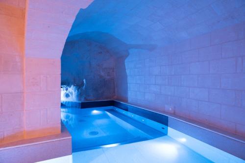 马泰拉Cenobio Hotel & SPA Matera的蓝色天花板客房中的游泳池