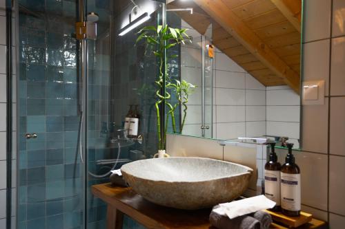 科孚镇The Hidden Attique的一间带大型石质水槽和玻璃淋浴间的浴室