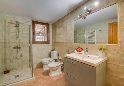 塞尔瓦Villa Ses Comes的浴室配有卫生间、淋浴和盥洗盆。