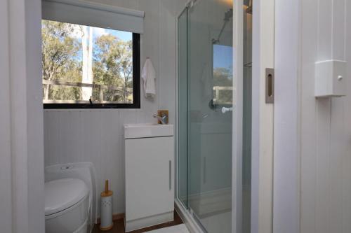 Silveroak Lodge Tiny House的一间带玻璃淋浴和卫生间的浴室
