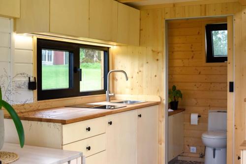 EckerudBostebacken Gard Tiny House的厨房配有水槽和卫生间