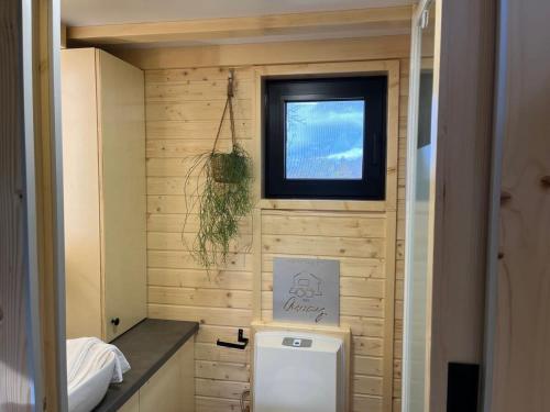 萨特勒特Lisi Grun Tiny House的一间带卫生间和窗户的小浴室