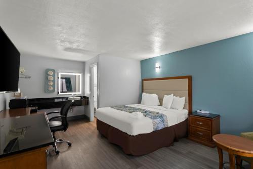 班戈Americas Best Value Inn Bangor的配有一张床和一张书桌的酒店客房