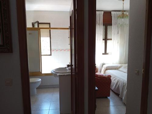 托莱多Cuarto Privado Doble en Toledo的一间带水槽和卫生间的浴室以及一张床