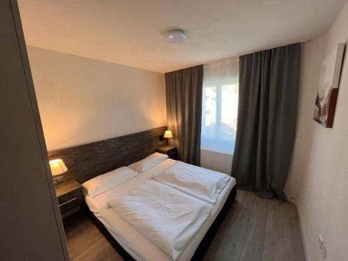 瓦尔茨胡特田根Altstadt Hotel Schwanen的卧室配有白色的床和窗户。