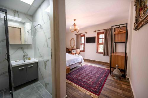 安塔利亚Lionas Hotel Kaleici的配有床、淋浴和盥洗盆的浴室