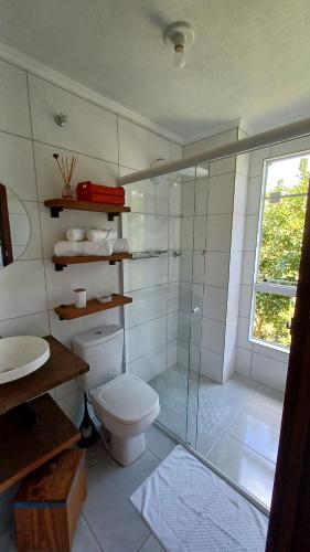 南卡希亚斯Casa aconchegante em meio a natureza的一间带卫生间和玻璃淋浴间的浴室