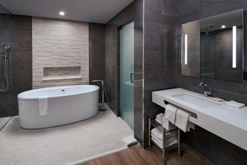 圣何塞AC Hotel by Marriott San Jose Escazu的带浴缸、水槽和镜子的浴室