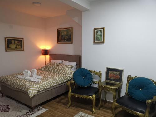 MitrovićiIn Apartments AirPort的一间卧室配有一张床和两把椅子