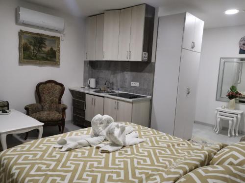 MitrovićiIn Apartments AirPort的一间房间,床上放着大象