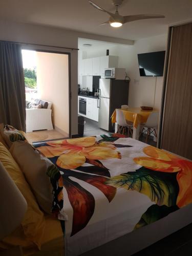 帕皮提Tehautahi Cozy Lodge 2的一间卧室配有一张大床,床上有色彩缤纷的毯子