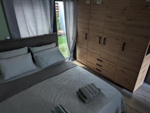 亚历山德鲁波利斯Tsitsipas Apartment的一间卧室设有一张大床和一个大窗户