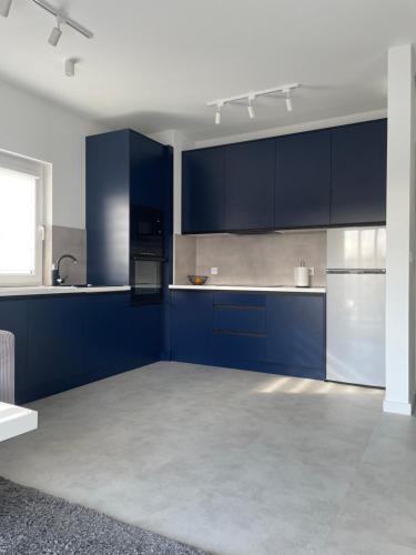 兰卡特Apartament Skłodowskiej的一间设有蓝色橱柜和电器的大厨房