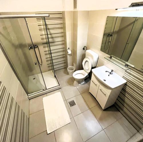 艾福雷诺德Vila Egreta的浴室配有卫生间、淋浴和盥洗盆。
