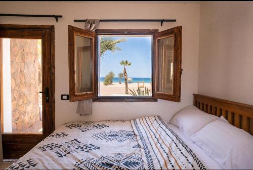 NuweibaSukoon Camp的一间卧室设有一张床和一个享有海滩美景的窗户。