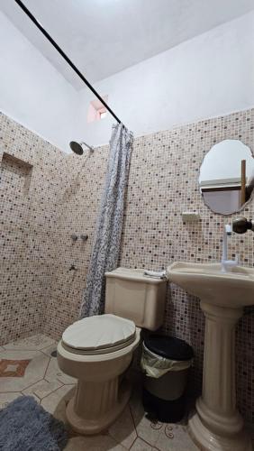 巴卡拉尔Casa Coral的一间带卫生间和水槽的浴室