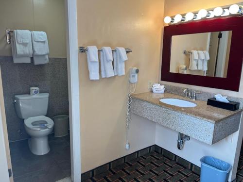 韦茅斯阿波尔韦茅斯酒店的一间带卫生间、水槽和镜子的浴室