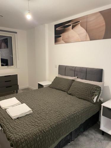 巴尔金Luxurious 2 Bedroom Apartment的卧室配有一张大床,墙上挂有绘画作品