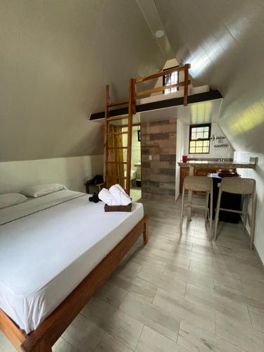 Cabañas La Encantada的一间卧室配有双层床和书桌