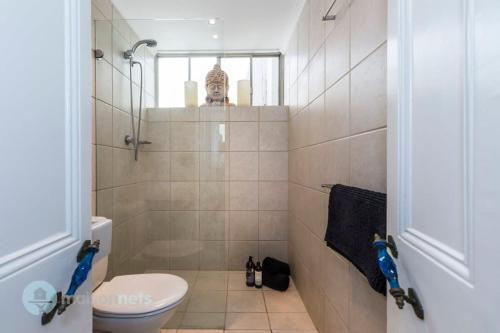 悉尼3 Bedroom House With Large Courtyard & City Views的一间带卫生间和淋浴的小浴室