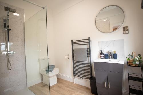 伊斯特布恩Aqua nest Eastbourne的带淋浴、卫生间和盥洗盆的浴室