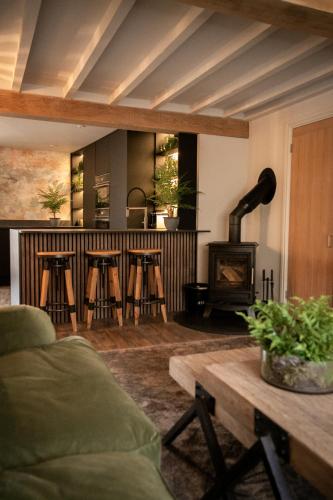 WeltonAkasha Spa Retreat Cottage的带沙发和燃木炉的客厅